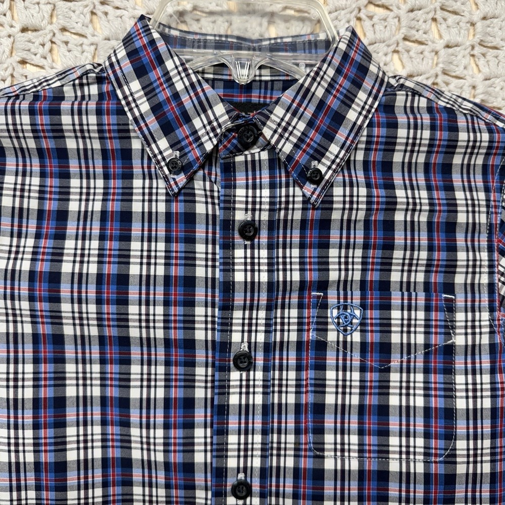 Cinch Pro Shirt Boys XS (7)‎ Blue White Red Check Long Slv Button Down Western